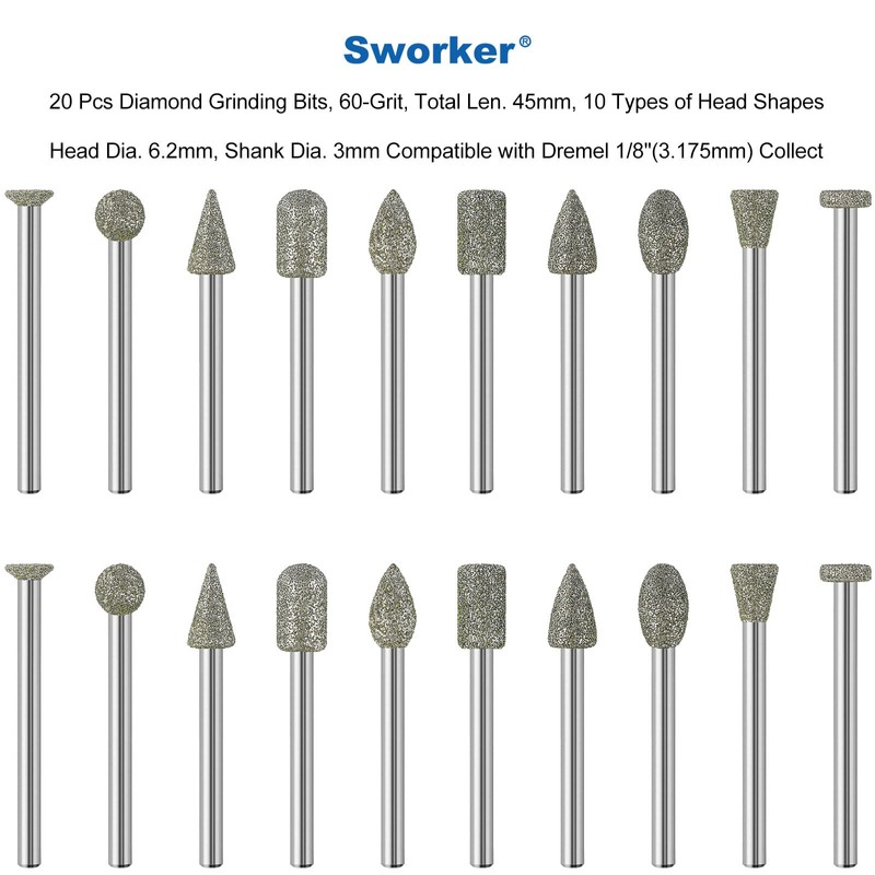 20Pcs 60-Grit Diamond Grinder Bit 1/8" Shank Compatible with Dremel