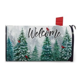 FBCOO Winter Welcome Pine Tree Fabric Welcome Mailbox Cover Magnetic Standard 21" x 19", Cardinal Snow Green Forest Christmas Red Bird Decorative Post Letter Box Decoration Wrap Decor for Garden Yard