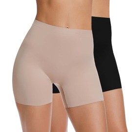WOWENY Anti Chafing Slip Shorts for Under Dresses Underwear for Women Thigh Bands (Black+Beige, XL)