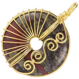 SUNYIK Lucky Coin Wire Wrapped Crystal Stone Pendant Necklace for Women Men, Healing Crystal Donut Amulet Jewelry for Unisex, Dragon Bloodstone