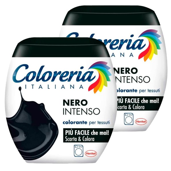 2 x Coloreria Italiana Dye for Washing Machine Fabrics Intense Black All-in-One Formula – 2 Single Dose Packs of 350 g