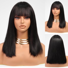 ELLORS 14 Inch Bob Wig Human Hair With Bangs Glueless 2x1 HD Lace Wigs, Short Wigs For Women Yaki Straight