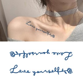 Oottati 2 Sheets Tiny Fake Semi Permanent Waterproof Temporary Tattoos Stickers 100% Plant-Based Ink Realistic English Inspirational Quotes Words love yourself