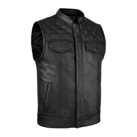 Leatherick SOA Style Motorcycle Vests for Men - Diamond & Honeycomb Stitch Black Genuine Leather Biker Vest with 8 Pockets