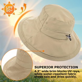 EINSKEY UPF 50+ Women's Sun Hat, Waterproof Wide Brim Bucket Hat, Ponytail Hole, Packable for Beach Hiking Fishing Gardening Camel