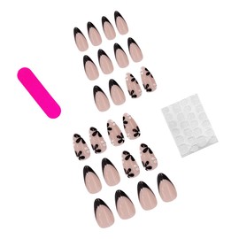 24 Pcs Pink Press on Nails Short Almond - SHANRUN Cute Small Flower Fake Nails Press ons Nail Art Tip Glue on Nails with Black French Design Full Cover Artificial Acrylic False Nails Stick on Nail Kit
