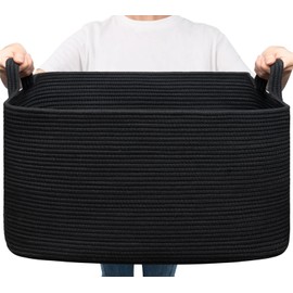 Goodpick Large Blanket Basket Living Room, 21.6" x 14.9" x 11.8" Woven Storage Basket for Blankets, Toys, Rectangle Rope Dirty Clothes Baskets for Nursery, Bedroom, Black