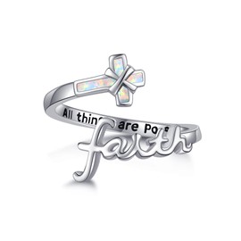 Faith Ring 925 Sterling Silver Cross Faith Opal Adjustable Spoon Thumb Open Ring Christian Religious Catholic Cross Jewellery Gifts for Women Girls Mother Daughter, Precious metal, No Gemstone
