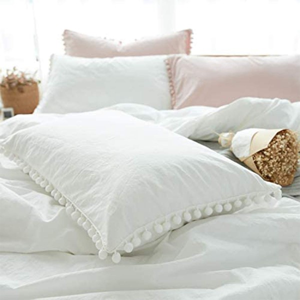 Softta 20x36 White Boho Pillow Covers 2 pcs Pompom Pillow Shams Tassel Ruffle Pillowcases 100% Washed Cotton Cover King/Cal King (NO Comforter NO Filling)