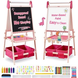 FUNLIO Anti-Warping Kids Art Easel, 3 Height Adjustable for Kids Aged 2-8, All-in-One Toddler Easel with Paper Roll & Erasable Frame, Standing Easel with Magnetic Chalkboard/Whiteboard (Pink)
