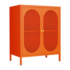 Small 2 Transparent Door Metal Storage Side Buffet Cabinet for Bed Room,Living Room,Entryway,Hallway,Home,Hotel,Office,Garage,Kitchen,1 Removable Shelf. (Mesh Door, Orange)