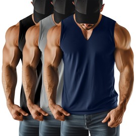 Riyiper 3 Pack Men's Sleeveless Tank Tops, V Neck Longline Henley T Shirts Casual Cotton Muscle Shirts Stretch Athletic Tee(Black, Light Gray, Navy Blue,X-Large)