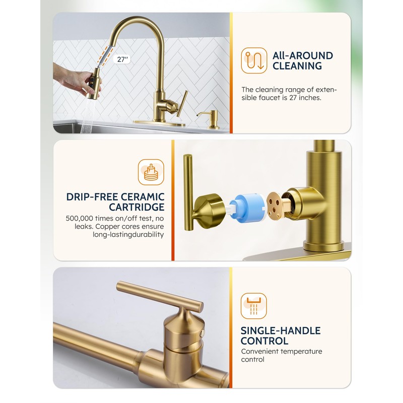 WOWOW Kitchen Faucets with Pull Down Sprayer, Gold Kitchen Faucet