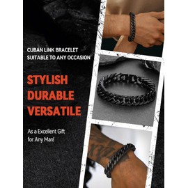 FaithHeart Cuban Link Chain Bracelets for Men, 12mm Width Stainless Steel Black Bracelet Men's Hip Hop Jewelry 7.4 Inch Length