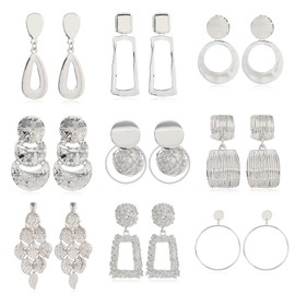 Hifot 9 Pairs Clip Earrings Set Women's Long Earrings Silver Round Geometric Pendant for Earrings Hanging Jewellery Accessories Ear Clips for Non-Pierced Earrings, Alloy Steel, No gemstone.