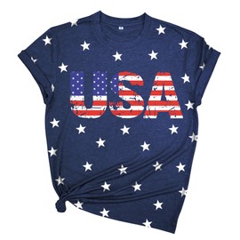 4th of July Shirts Women Plus Size:USA Star American Flag Crew Neck Short Sleeves Tee Patriotic T-Shirt