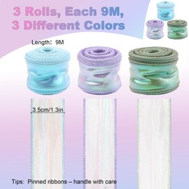 3 Rolls Organza Ribbon, 40 mm x 9 m Transparent Chiffon Ribbon Iridescent Glittering Organza Ribbon for Decoration, Wedding, Bouquet, Gift Wrapping (Purple/Blue/Green)