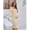 Maternity Spring Floral Midi Bodycon Dresses, Short Puff Sleeve Square