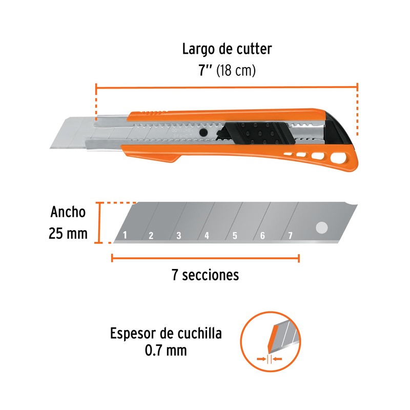 Truper CUT-7, Cutter, cuchilla de 25 mm, Alma métalica