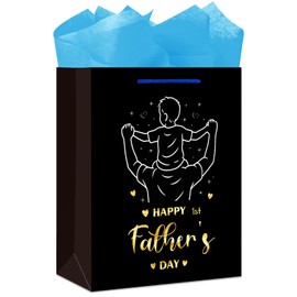 JUESMOS First Fathers Day Gift Bag with Tissue Paper 13" Large Happy 1st Fathers Day Paper Bag with Handle Fathers Gifts for New Dad First Time Dad Expecting Daddy from Daughter Son