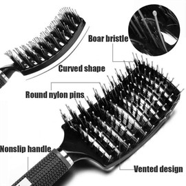2 Pcs Boar Bristle Detangler Hair Brush Curved Vented Paddle Blow Dry Brush for Women and Men, Anti-frizz Styling Hair Brush Comb for Curly Straight Thick Fine Tangled Hair, Wet or Dry Use