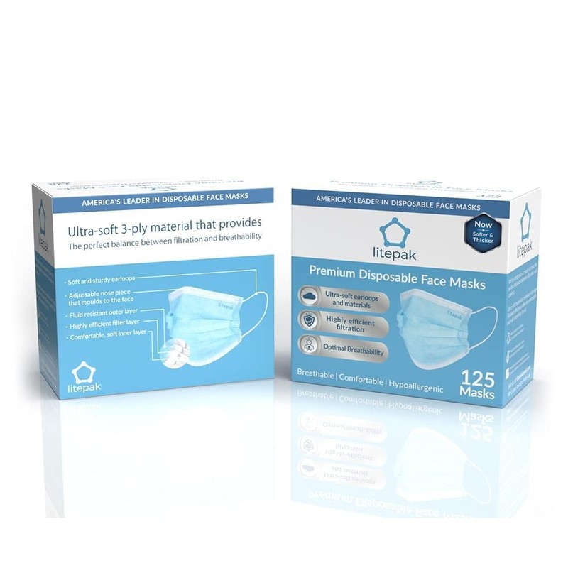 Litepak 125-Pack Disposable Face Mask Premium Comfort Earloops with Dispenser