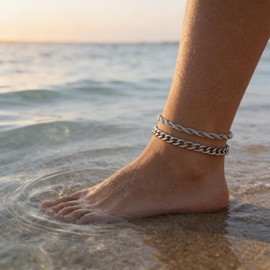 DODIY 2PCS Ankle Bracelets for Women - Gold/Silver Plated Stainless Steel Anklets Set - Waterproof Layered Cuban Link Chain Anklet Bracelet Summer Beach Foot Jewelry Gifts for Women (Style 3-Silver)