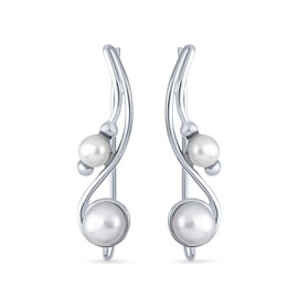 White Freshwater Cultured Pearl Wire Ear Pin Climbers Earrings For Women Round Crawlers .925 Sterling Silver