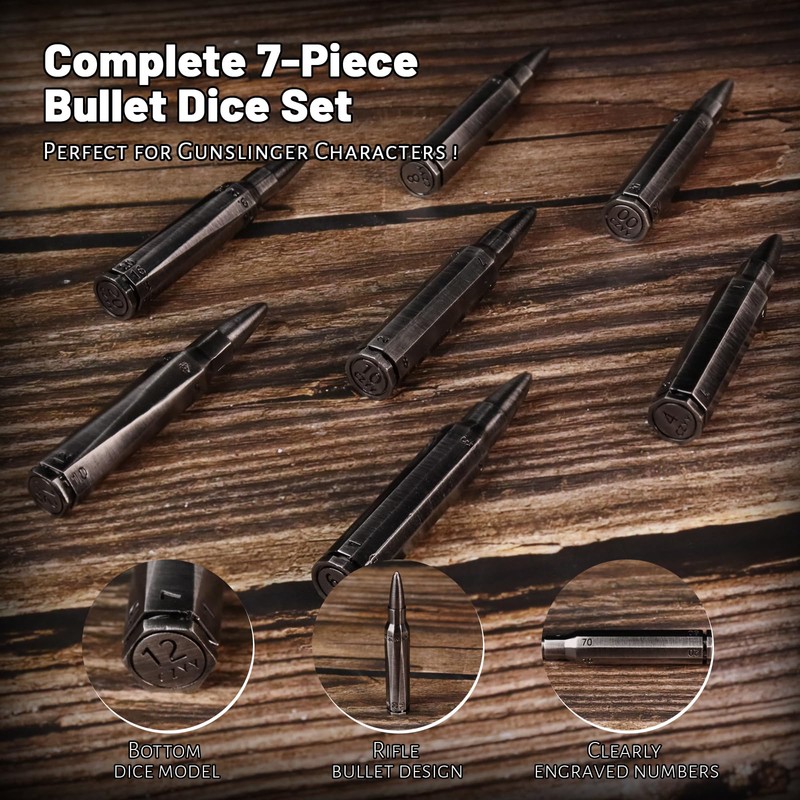 CZYY Rifle Bullet Dice Set - Solid Metal 7 Polyhedral