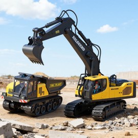 kolegend Remote Control Excavator Toy for Boy 2 Batteries- 1/20 Scale Remote Control Digger with Alloy Shovel, Infinitely Rotating Cab, Lights & Sounds - Gift for Kids Ages 6,7,8,9,10