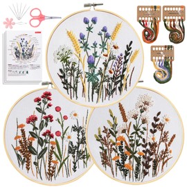 Santune 3 Pack Embroidery Kit for Beginners, Needlepoint Kits for Adults,Needle Point Sets with Stamped Wild Flower Pattern Stitch Video Tutorial
