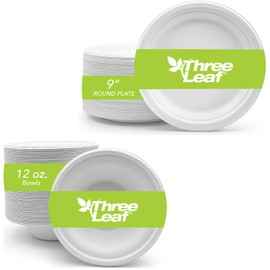 Three Leaf 9 Inch Bagasse Plate and 12 Oz. Bagasse Bowl Combo, 50 Ct. Each, Disposable Tableware, 100% Biodegradable