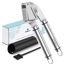 Philorn Garlic Press Stainless Steel Professional Kitchen Aid - Premium Garlic Mincer, Ginger Crusher with Garlic Peeler & Cleaning Brushes - Extra Strong & Durable - Handy & Easy to Clean