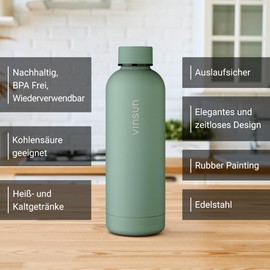Vinsun Stainless Steel Drinking Bottle 500 ml Green – Leak-Proof, Suitable for Carbonated Drinks, BPA-Free – Thermos Flask for Sports, Outdoors, School, University, Bicycle,