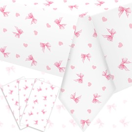 Hahafelt 3 Pack Coquette Pink Bow Tablecloth 54 x 108 Inch Plastic Wedding Baby Shower Tablecloths Disposable Christmas Rectangle Pink Bow Pattern Table Cloth for Party Dining Indoor Outdoor(White)