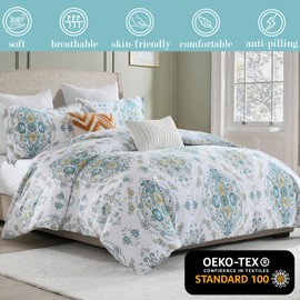 Quilta Cotton Duvet Cover Queen - Soft Prewashed Duvet Cover Set 90"x90", Blue Damask Duvet Cover 3pcs, Zipper Closure & 8 Corner Ties, Comforter Not Included, White/Blue