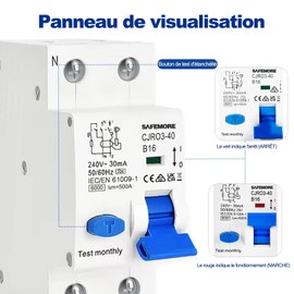 Fehlerstromschutzschalter RCBO 16 A 1P+N – Typ A 30 mA Kurve B – Schutz 6 kA – elektromagnetischer FI-Schalter – Differentialschalter hohe Empfindlichkeit B16 – für Schaltung