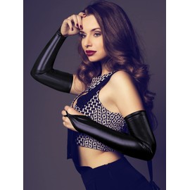 Bencailor Women's Wet Look Costume Set Include Fingerless Long Gloves Thigh High Stockings with Lace for Cosplay (Large-X-Large)