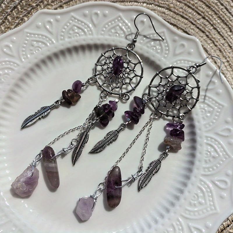 Zeylus Handmade Dreamcatcher Feather Artificial Amethyst Dangle Earrings