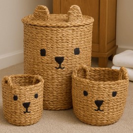Carousel Home Set of 3 Seagrass Teddy Bear Storage Baskets | Cute & Practical Toy Organisers for Kids Rooms & Nurseries | Children's Storage Baskets