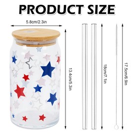 Whaline Patriotic Drinking Glasses with Bamboo Lids and Straw 4th of July Beer Can Glasses 16oz Red Blue White Star Iced Coffee Cups for Independence Day Travel Office Home Gifts, 2Pcs
