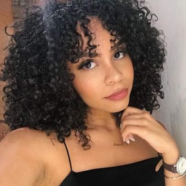 Leeven Bouncy African Short Wig for Black Women 6 Inch Synthetic Kinky Curly Wigs with Fringe Heat Resistant Wigs Curly Full Hair Wigs for Women Afro Curly Wig/Black#