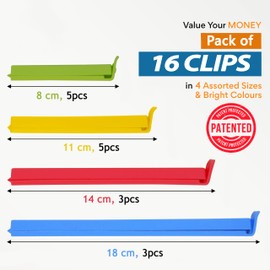 16 Pcs Sturdy Food Bag Clips for Food Storage Bags in 4 Sizes & 4 Colours - Food Clips for Keeping Food Fresh. Bag Clips for Food Storage and Sandwich Bags. Food Clips Bag Sealing Clips (16 Pack)