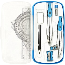 Lifreer Geometry Set, 10 Pcs Math Compass for Geometry Set, Student Geometry kit Includes Protractor Set, Compass,Rulers, Eraser, Sharpener, Lead Refills, Pencil for Drafting and Drawings（Blue）