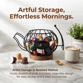 Coffee Pod Holder for Countertop, K Cup Storage Organizer with Wooden Base, Teapot-Shaped Metal Wire Basket, Compact Pods Container for Keurig and Nespresso, Kitchen Coffee Bar Decor Black