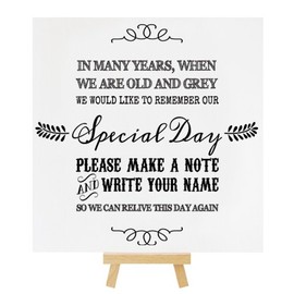 Vintage Wedding Guest Book Table Sign with Wooden Easel (21cm x 21cm Textured Card, Black)