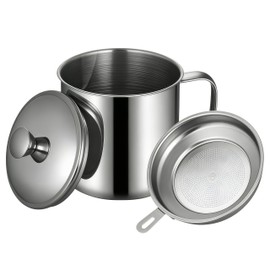 Oil Strainer Pot 34oz Stainless Steel, Bacon Grease Container Saver with Strainer