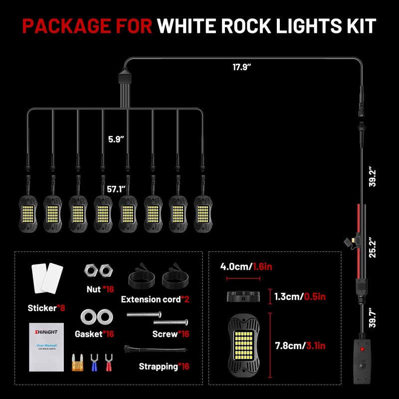 SHINIGHT 8 Pods White Rock Lights for Trucks/UTV/ATV - 36