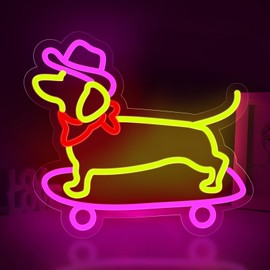 Dachshund Dog Neon Sign for Wall Decor,Dimmable Skateboard Dog with Cowboy Hat Neon Light,Yellow Pink Puppy Light Up Signs for Pet Shop Bedroom Party Bar Background Decoration
