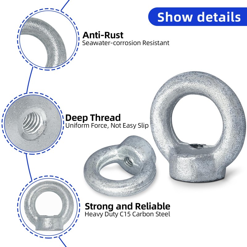 5/16"-18 Lifting Eye Nuts, Drop Forged Galvanized Threaded Fastener, UNC